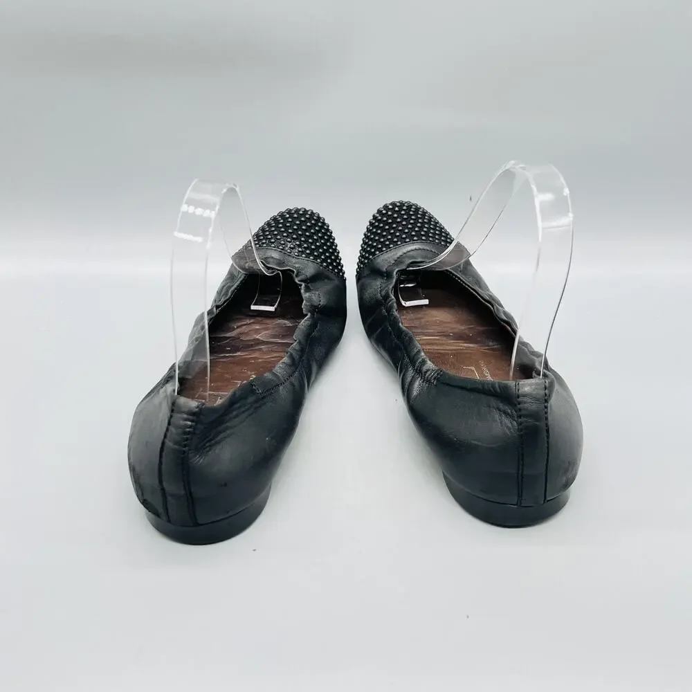 AGL Shoes Womens 9.5 Black Leather Studded Cap Toe Ballet Flats Slip On Comfort
